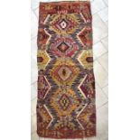Large Kilim carpet with a mixture of warm earth tones, rust, gold, grey-blue and olive, 172cm x