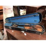 A 19th century violin and bow, two piece back, 60cm long, in fitted case