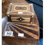 A parquetry inlaid trinket box, 16.5cm wide, together with an Art Deco burr walnut sunburst