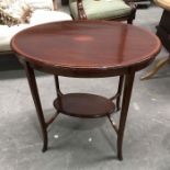 An Edwardian mahogany crossbanded and marquetry inlaid two tier occasional table, 75cm wide