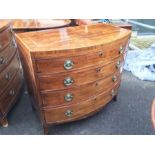 A George III mahogany and satinwood strung bow fronted chest of two short over three long