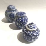 Three Chinese blue and white ginger jars and covers, globe form, largest 15cm high (3)