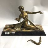 Art Deco gilt metal figure of a semi-nude dancer on marble base, 44cm wide