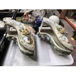 A pair of Capodimonte style porcelain majolica grand pianos, floral encrusted, 26cm high, (2)