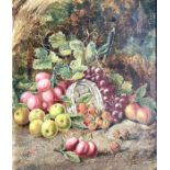 J..Clays (British, 19th Century), still life with an upturned basket of strawberries, apples,