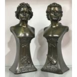 A pair of Art Nouveau patinated art metal figural busts, of Beethoven and Mozart, modelled in the