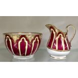 A Victorian Staffordshire porcelain jug and slop bowl, circa 1840, possibly Spode, maroon and gilt