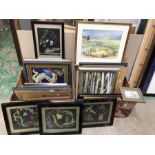 Two boxes of assorted furnishing pictures, including a work by Alan Tyers, watercolours, prints etc