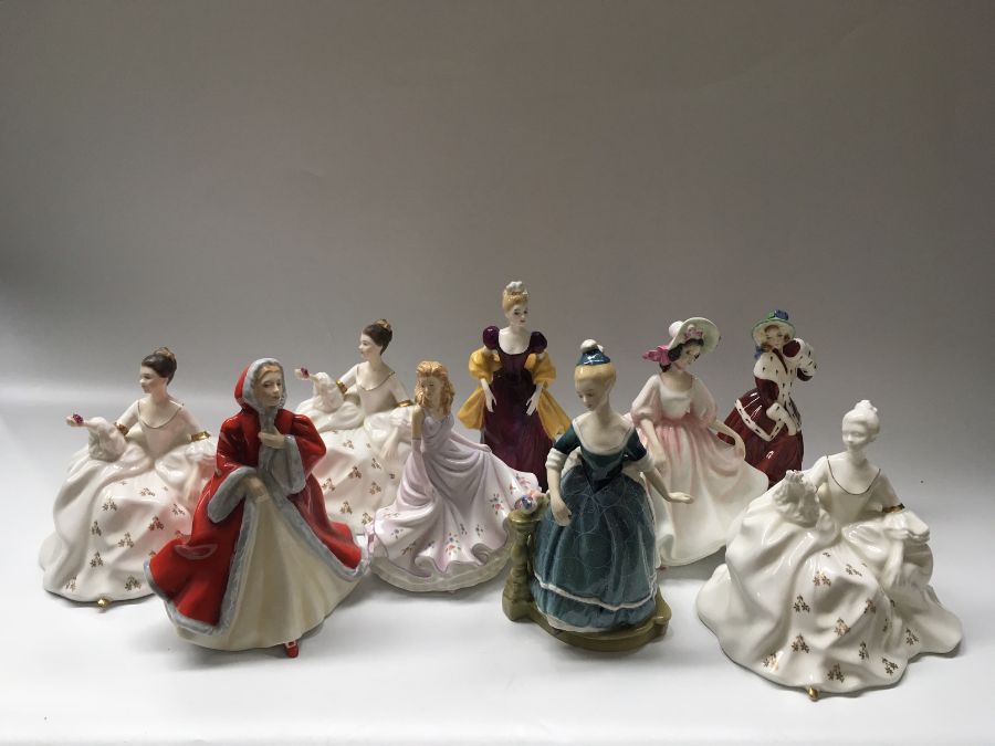 A collection of Royal Doulton figures, including Loretta, Sunday Best, Rachel, Clarinda, Christmas