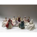 A collection of Royal Doulton figures, including Loretta, Sunday Best, Rachel, Clarinda, Christmas