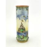 A Royal Worcester Crown Ware lustre vase, circa 1925, cylindrical form, decorated with a castle in