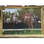 J..Hubbard (British, 20th Century), Over the jumps, horse racing scene, gouache?, signed and dated