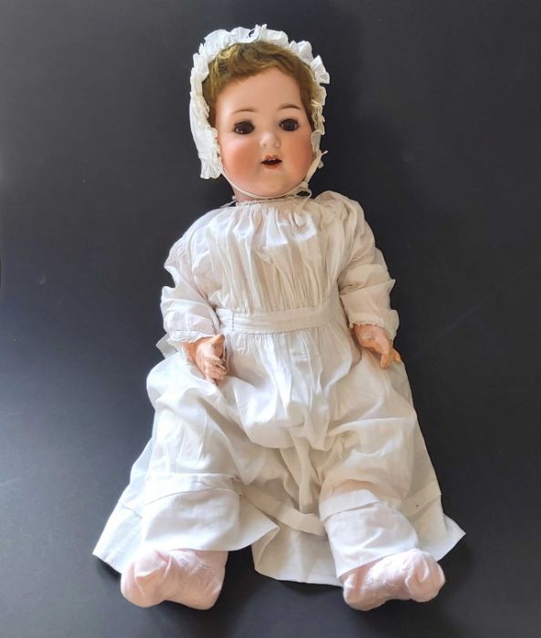 Armand Marseille character baby bisque head doll, sleeping brown eyes, painted brows and lashes,