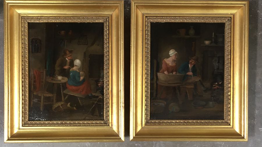 Dutch School, 19th Century, cottage interiors with figures, a pair, oil on panel, 20 by 16cm,