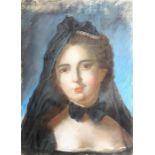 French School, mid 19th century, portrait of a young lady, bust length wearing a blue shawl, pearl