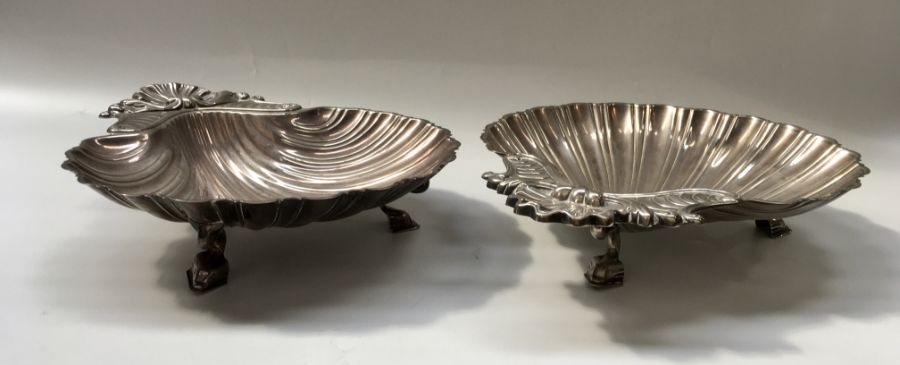 A pair of Italian Olri plated shell form entree dishes, on three dolphin supports, 33.5cm wide (2) - Image 2 of 3