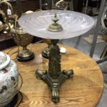 A Victorian gilt brass and etched glass pedestal comport, on cast scroll and acanthus lappet