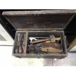 A Box of woodworking tools including hand tools, planes, an axe etc