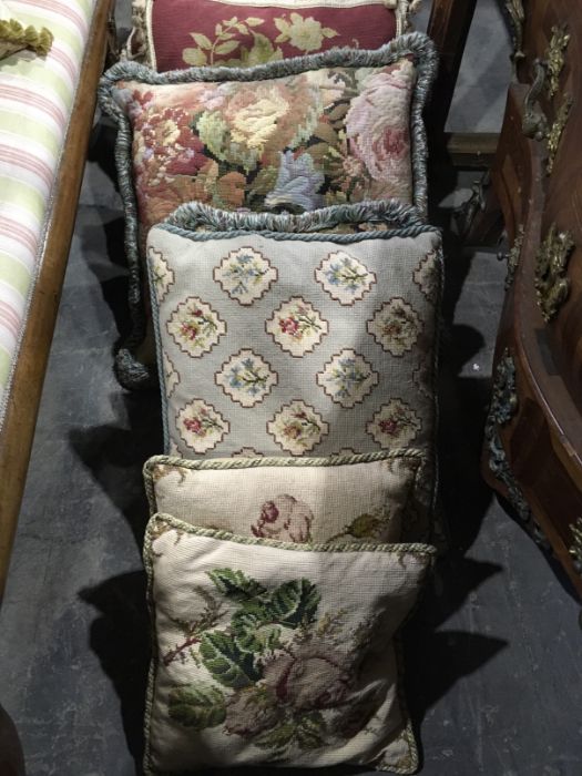 A collection of needlepoint and machined tapestry cushions, including Aubusson style examples (11)