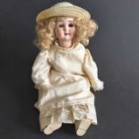 Welsch & Co bisque head doll, sleeping blue eyes, painted open mouth and exposed teeth, composite