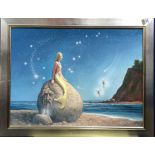 Mike Nance (British, 20th Century), Mermaid on a boulder, signed l.r., oil on board, 45 by 60cm,