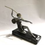 Uriano, an Art Deco silvered art metal figure of Diana, on black marble base, signed, 33cm long