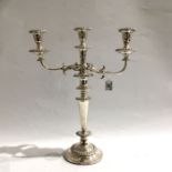 A Sheffield silver plate three branch candelabra,