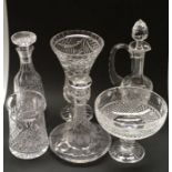 A Stuart cut glass claret jug and stopper, and a collection of cut glassware including jugs,