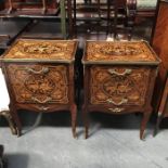 A pair of French style marquetry inlaid side cabinets, fitted two single drawer flanking side