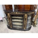 A Victorian ebonised and marquetry inlaid breakfront credenza, glazed door flanked by walnut