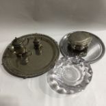 Silver plate and glass, including two trays, teapo