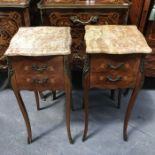 A pair of French marquetry inlaid marble top side tables, fitted two drawers on slender cabriole