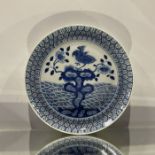 A Chinese blue and white plate, Kangxi mark, prunus root and bird decoration, 24cm wide