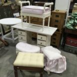 A white painted dressing table, two circular glass top tables a kidney shaped dressing table stool