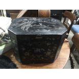 An octagonal black lacquered box, with abalone chinoiserie decoration, fitted twin metal handles,