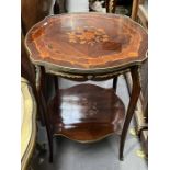 A rosewood and marquetry inlaid two tier occasional table, ogee shaped quarter veneered and banded