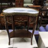 A Louis XV style kidney shaped marble top side table, reticulated cast brass gallery, single