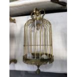 A brass ,birdcage, hanging lantern, with coronet surmount and cut glass dished shade, 67cm high