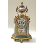 A Sevres style porcelain and gilt metal mantel clock, painted panels of rural scenes and courting