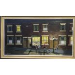 Tunstall, The Sweet Shop, evening street scene with children, oil on board, signed, 34 x 65cm,