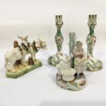Ceramics, including a pair of mid 19th century English porcelain candlesticks, An Augustus Rex style