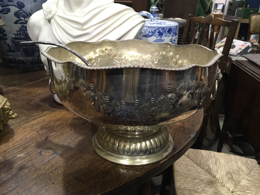 A plated pedestal punch bowl and ladle, 31cm diameter (2)