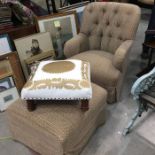 An upholstered button back armchair, matching footstool, together with a Moroccan style