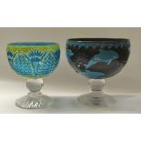 Two cased glass and cameo engraved pedestal bowls, one with an underwater scene of whales, the other