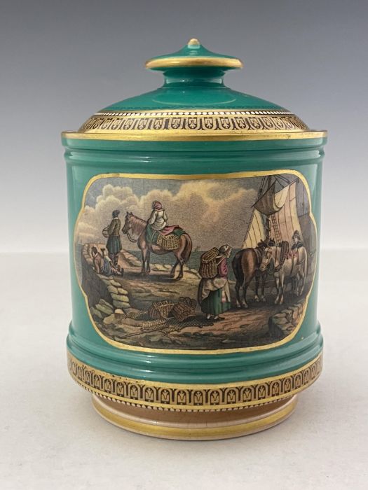 A Prattware tobacco jar and cover, circa 1850, Cylindrical reeded form, The Stone Jetty and The
