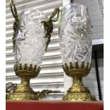 A pair of crystal glass gilt metal mounted pedestal vases, rose cast and ribbon handles, wrythen