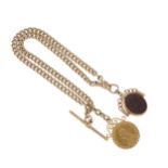 A late Victorian 9ct gold Albert chain, with swivel fob and half sovereign coin