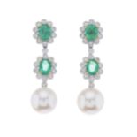 A pair of 18ct gold emerald, diamond and pearl drop earrings