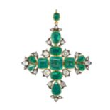 An exceptional mid to late Victorian silver and gold, Colombian emerald and diamond cross pendant