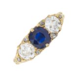 A late Victorian 18ct gold sapphire and diamond three-stone ring
